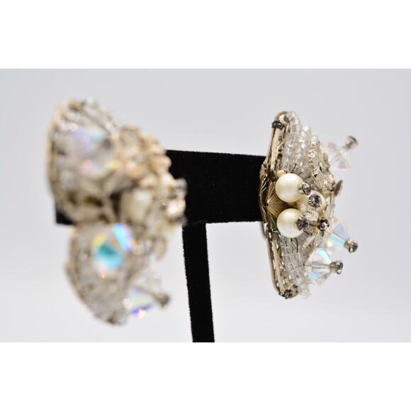 Vintage Clip Earrings Rhinestone Crystal AB Cluster Pearl Chunky 1980s BinAK - Picture 6 of 12